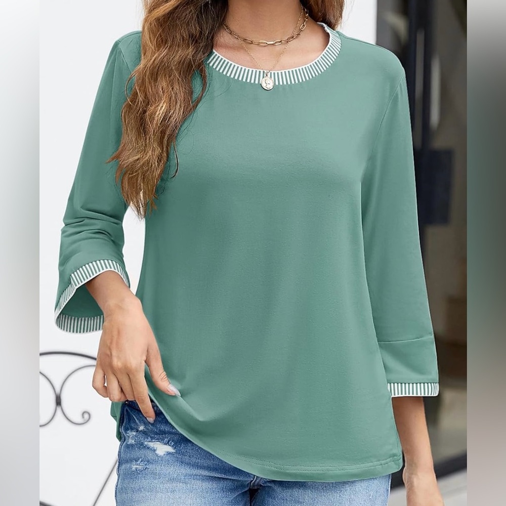 Green Relaxed Blouse with White Trim - Picture 1 of 3